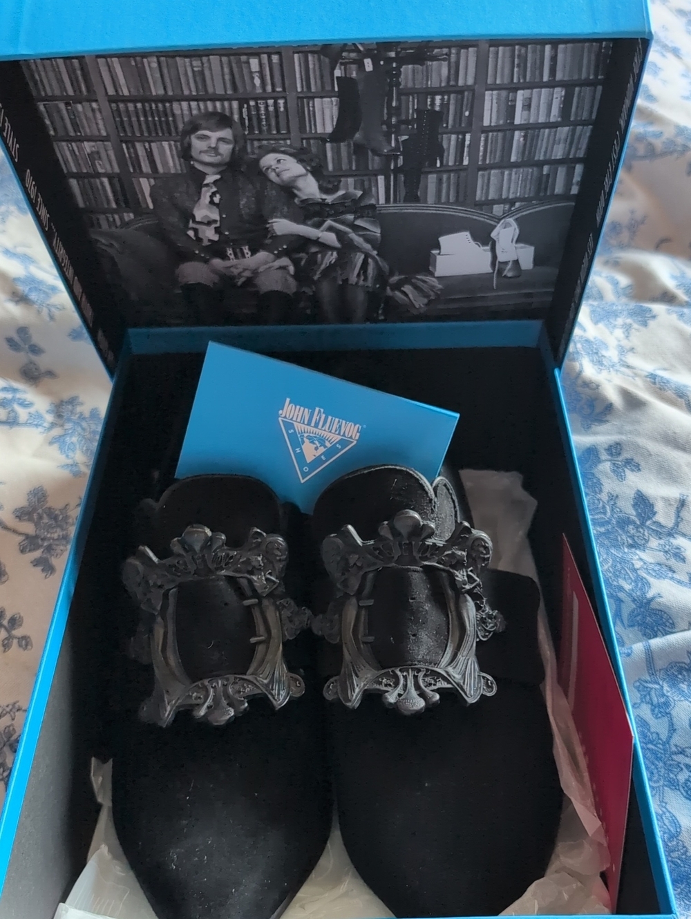 John Fluevog Luzza  Black Velvet Mule Slides with Ornate Silver Buckles